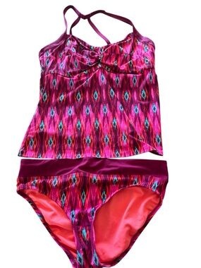 Title Nine Tankini Swimsuit Set Sz Large 38D Pink Print Bikini Bottoms EUC